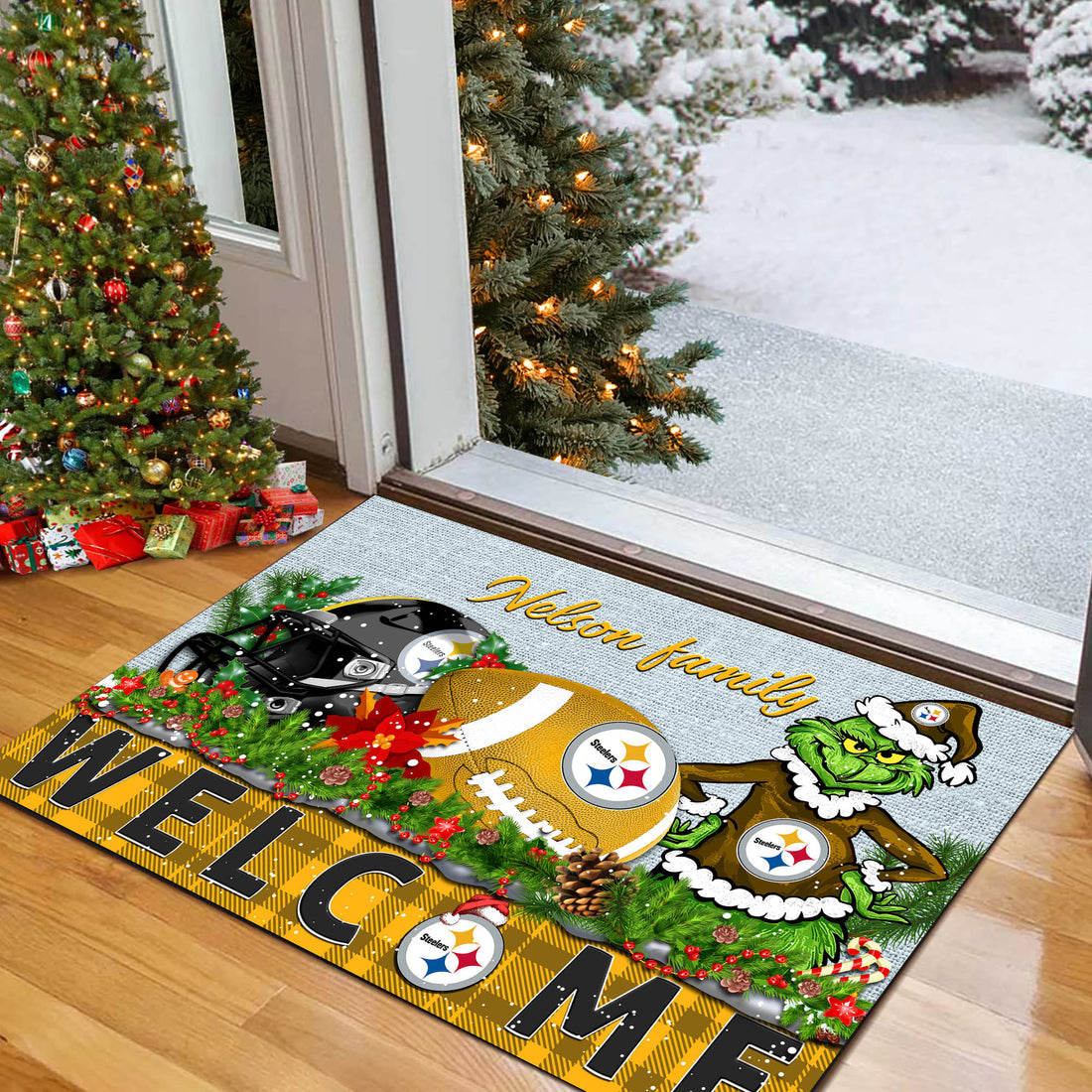 Pittsburgh Steelers Football Team Doormat Personalized Your Family Name, Sport And Grinch Doormat, Football Lovers Gifts, Home Decorations ETHY-53152