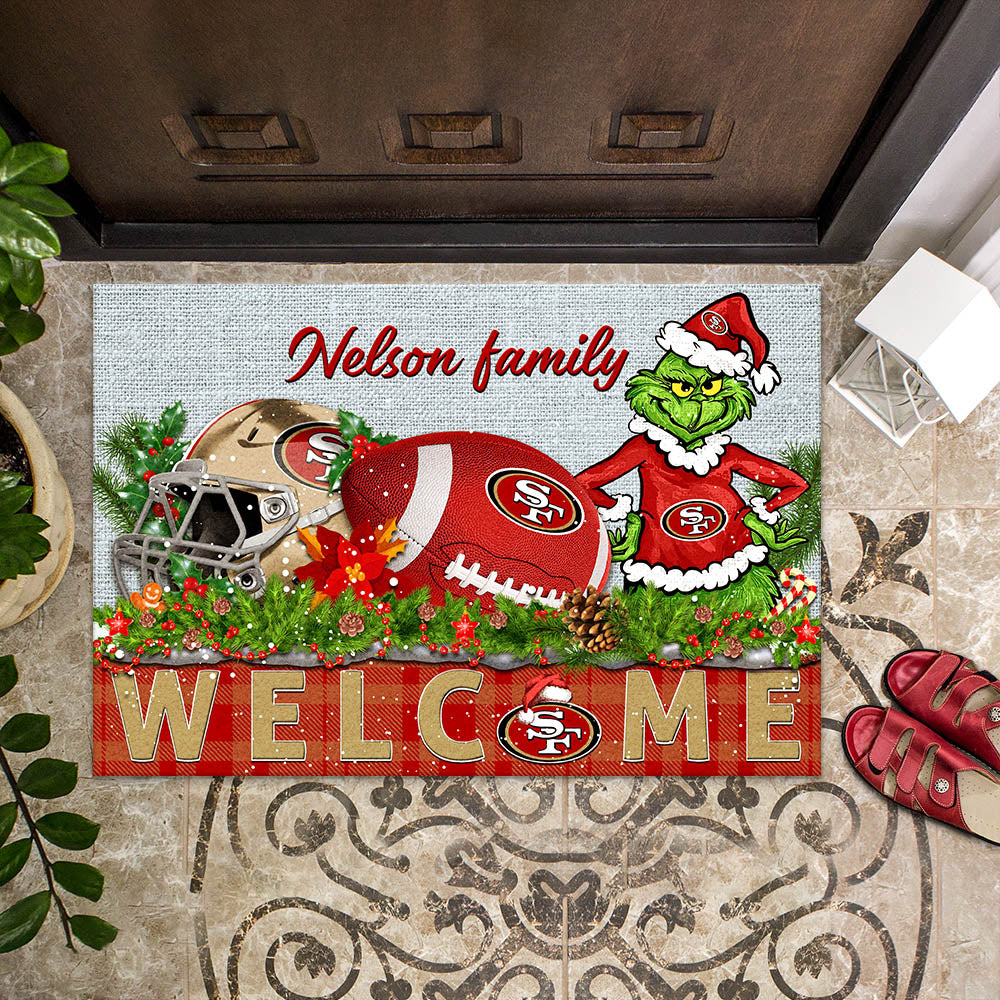 San Francisco 49ers Football Team Doormat Personalized Your Family Name, Sport And Grinch Doormat, Football Lovers Gifts, Home Decorations ETHY-53152
