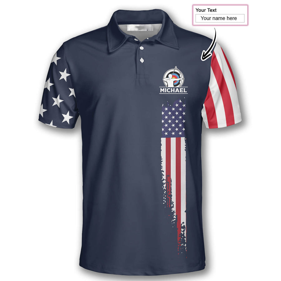 Navy American Flag Custom Archery Shirts for Men, Custom Archery Shirts for Team, Men's Archery Polo Shirts