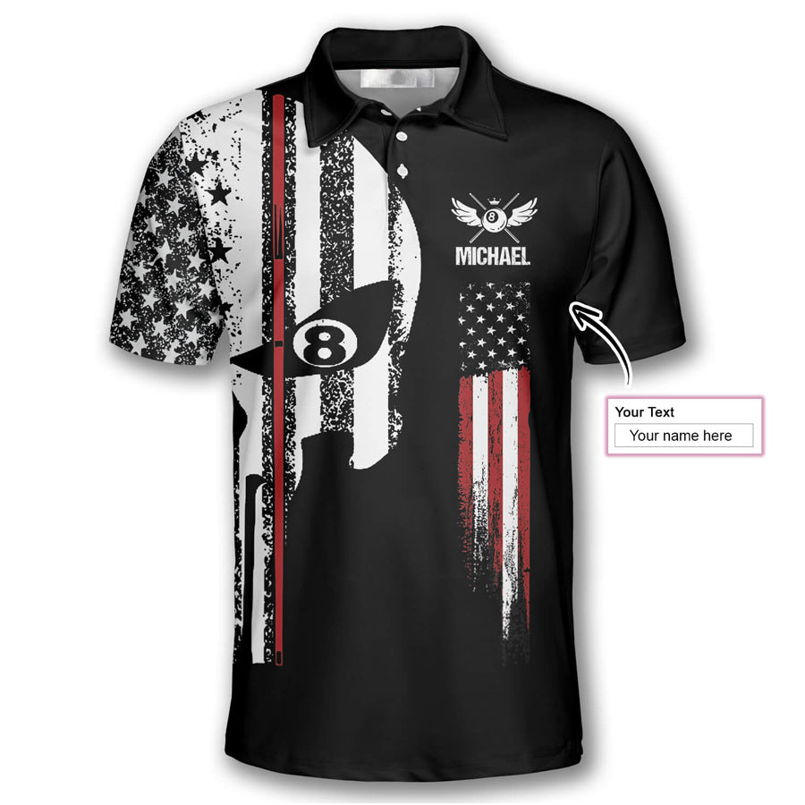 Billiard Punisher Skull Flag Custom Billiard Shirts for Men, Custom Billiard Shirts for Team, Men's Billiard Polo Shirts