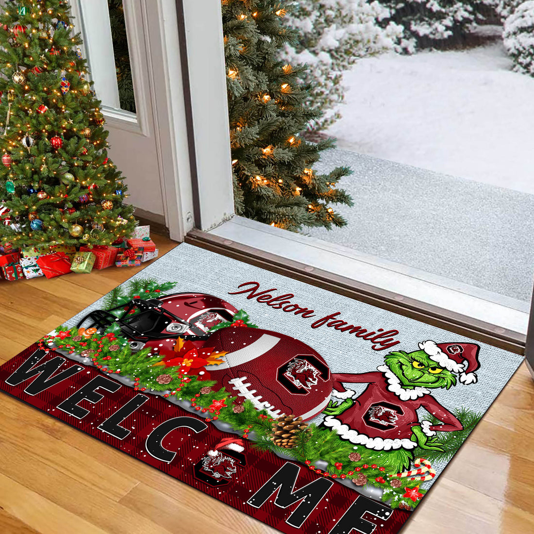 South Carolina Gamecocks Football Team Doormat Personalized Your Family Name, Sport And Grinch Doormat, Football Lovers Gifts, Home Decorations ETHY-53152