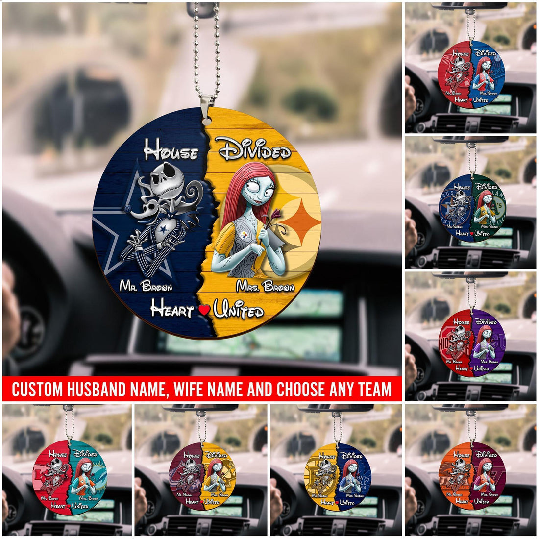 Sport And Jack Skellington Car Ornament Custom House Divided, Gifts For Husband, Gifts For Wife, Gifts For Mom, Dad Gifts, House Divided Car Ornament, Gifts For Christmas, Christmas Decorations, Car Hanging Decoration