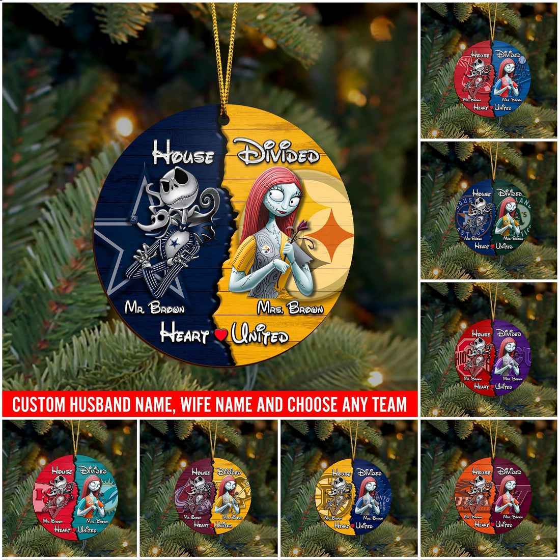 Sport And Jack Skellington Wooden Ornament Custom House Divided, Gifts For Husband, Gifts For Wife, Gifts For Mom, Dad Gifts, Gifts For Christmas, Christmas Decorations, House Divided Ornament