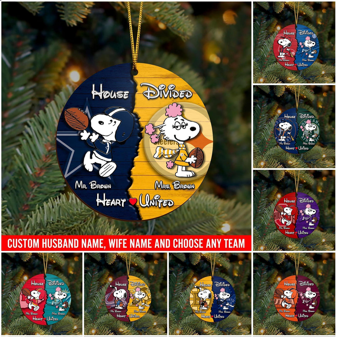 Sport And Snoopy Wooden Ornament Custom House Divided, Gifts For Husband, Gifts For Wife, Gifts For Mom, Dad Gifts, Gifts For Christmas, Christmas Decorations, House Divided Ornament
