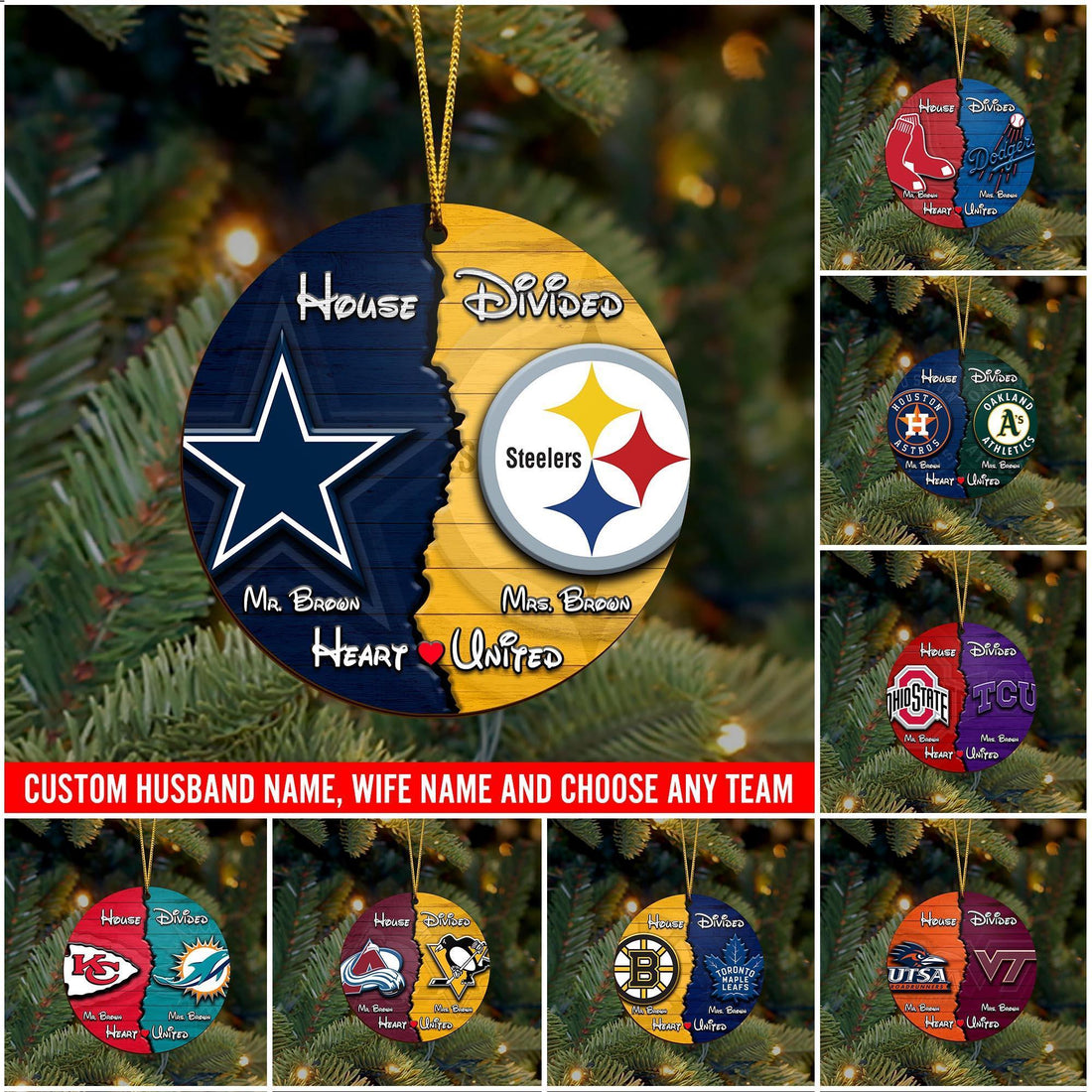 Sport Wooden Ornament Custom House Divided, Gifts For Husband, Gifts For Wife, Gifts For Mom, Dad Gifts, House Divided Ornament, Gifts For Christmas, Christmas Decorations