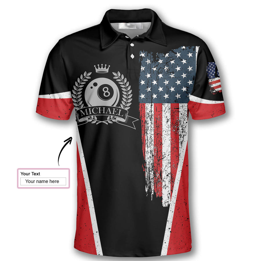 Billiards USA Flag Emblem Custom Billiard Shirts for Men, Custom Billiard Shirts for Team, Men's Billiard Polo Shirts