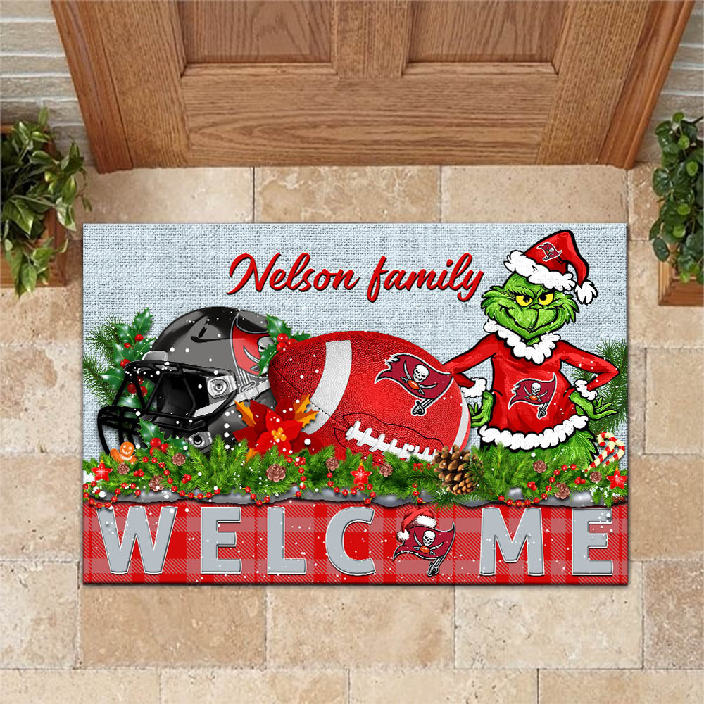 Tampa Bay Buccaneers Football Team Doormat Personalized Your Family Name, Sport And Grinch Doormat, Football Lovers Gifts, Home Decorations ETHY-53152
