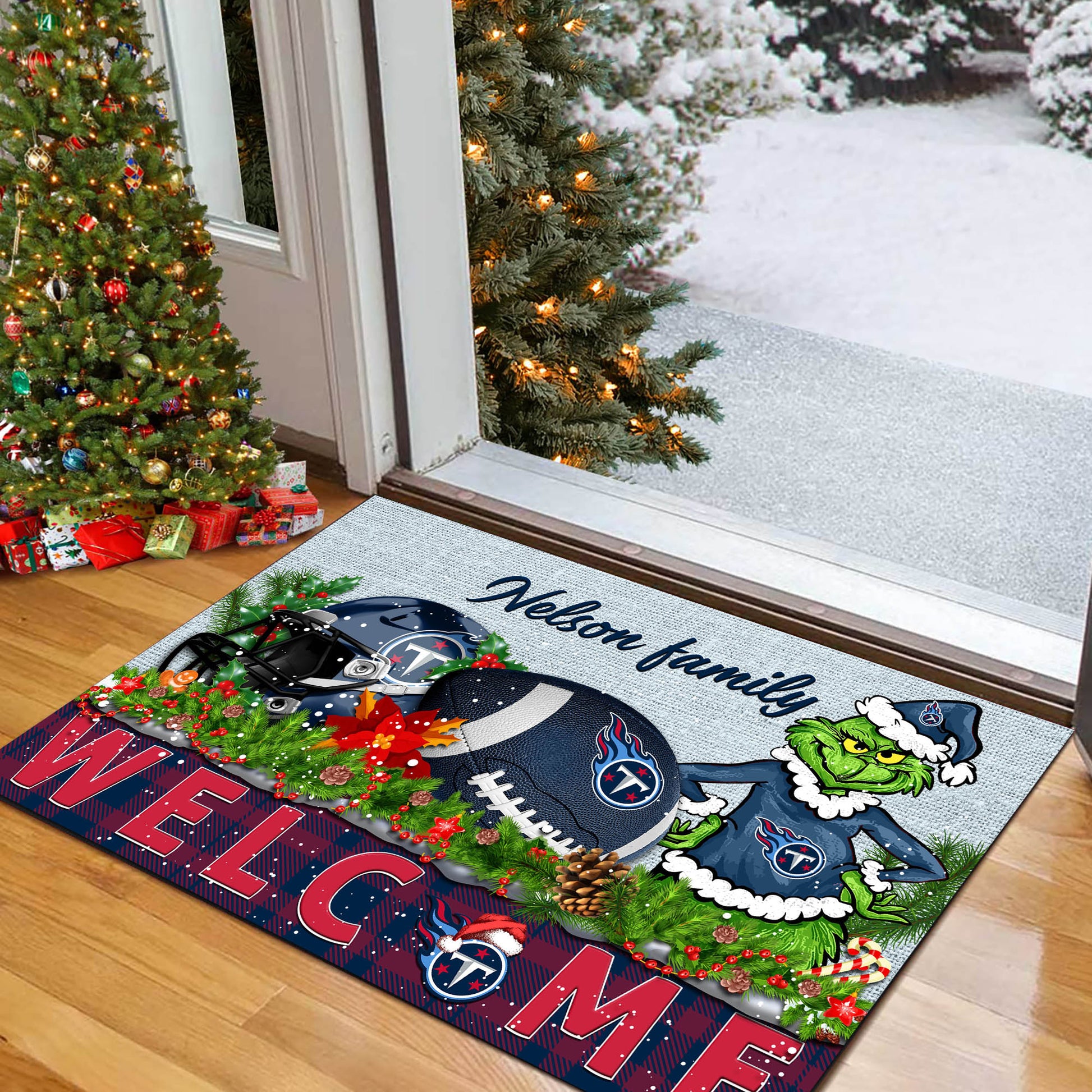 Tennessee Titans Football Team Doormat Personalized Your Family Name, Sport And Grinch Doormat, Football Lovers Gifts, Home Decorations ETHY-53152
