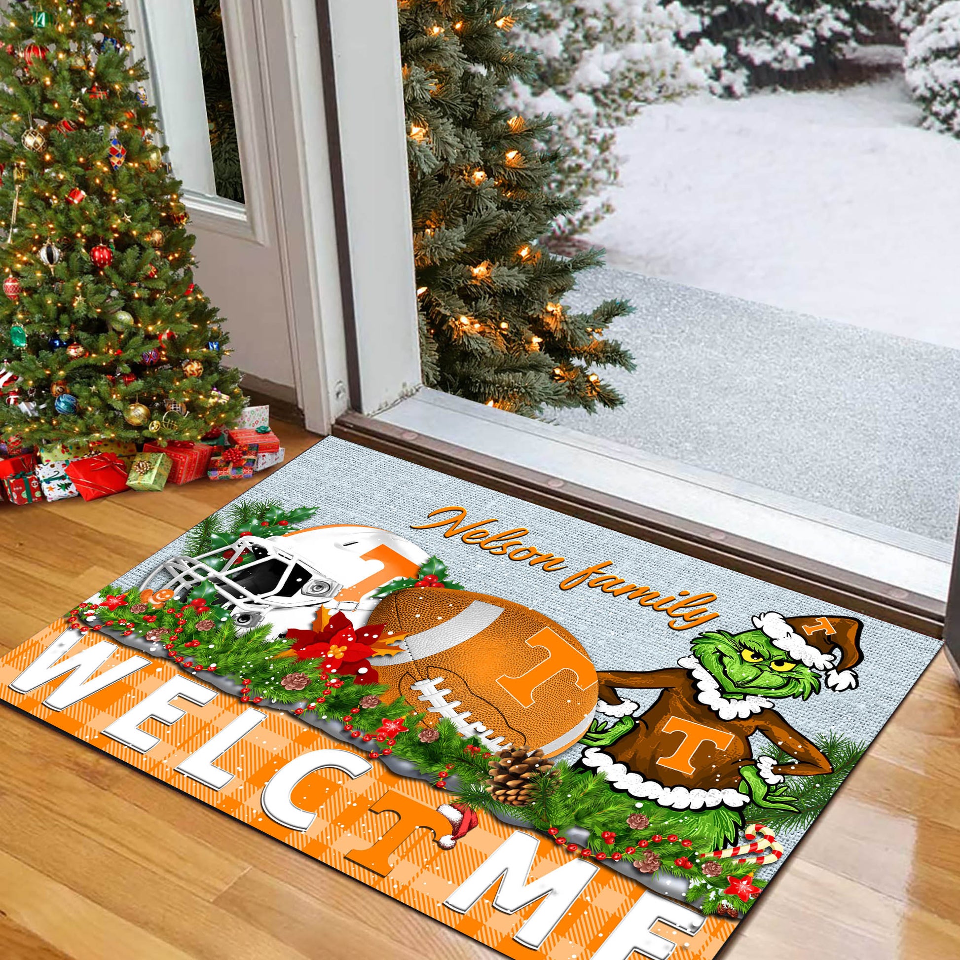Tennessee Volunteers Football Team Doormat Personalized Your Family Name, Sport And Grinch Doormat, Football Lovers Gifts, Home Decorations ETHY-53152