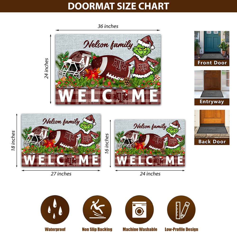 Texas A&M Aggies Football Team Doormat Personalized Your Family Name, Sport And Grinch Doormat, Football Lovers Gifts, Home Decorations ETHY-53152