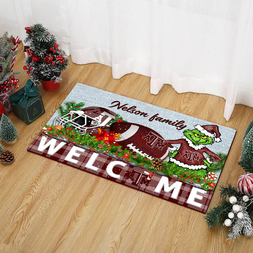 Texas A&M Aggies Football Team Doormat Personalized Your Family Name, Sport And Grinch Doormat, Football Lovers Gifts, Home Decorations ETHY-53152