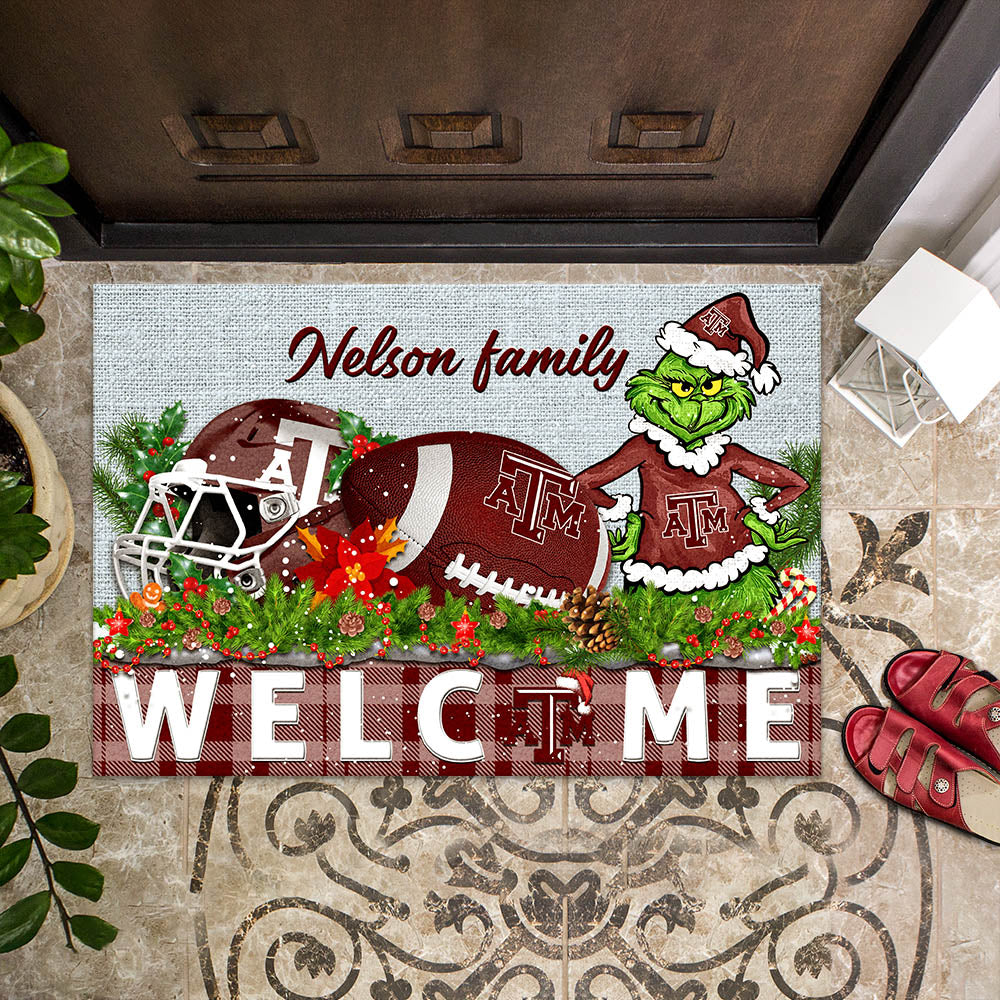 Texas A&M Aggies Football Team Doormat Personalized Your Family Name, Sport And Grinch Doormat, Football Lovers Gifts, Home Decorations ETHY-53152