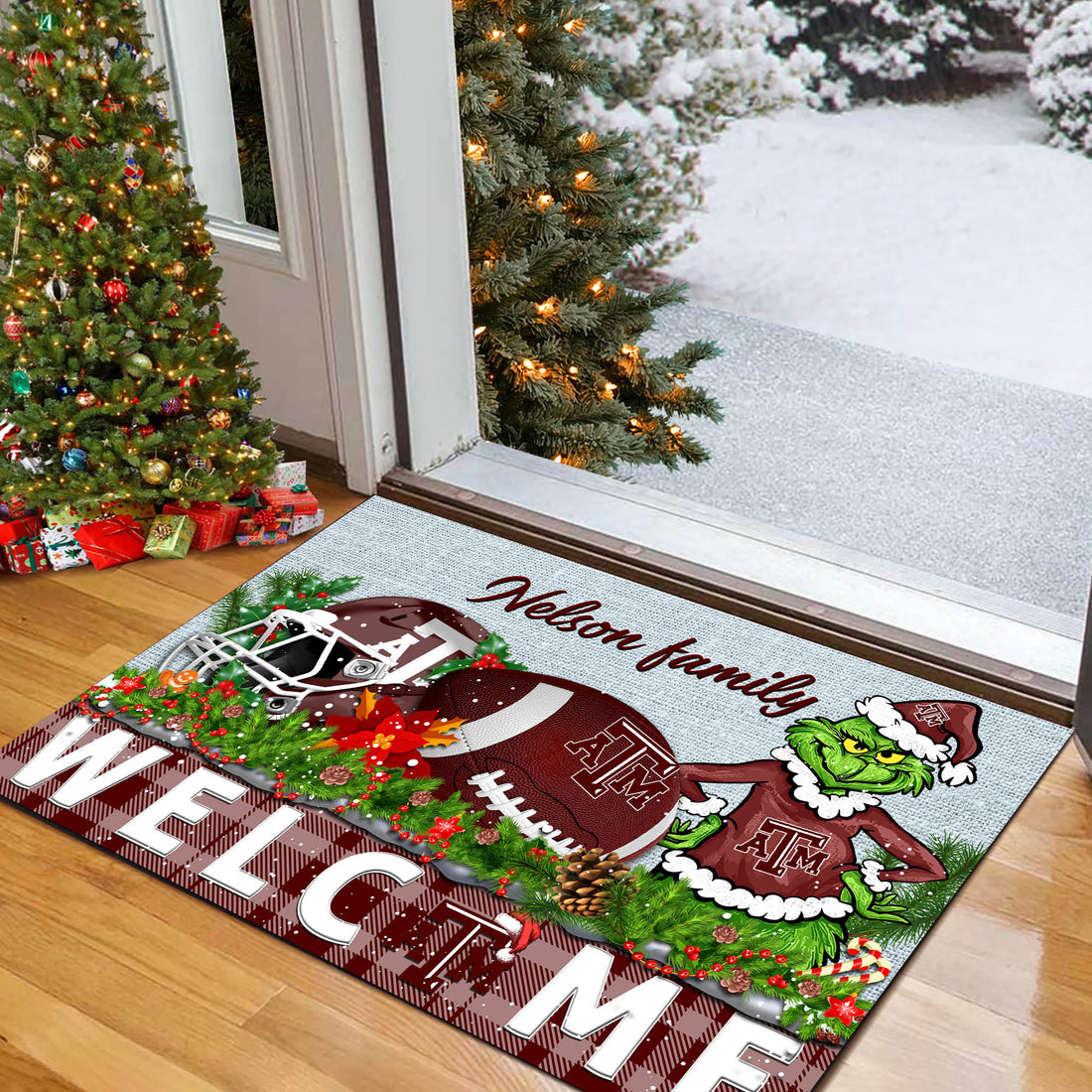 Texas A&M Aggies Football Team Doormat Personalized Your Family Name, Sport And Grinch Doormat, Football Lovers Gifts, Home Decorations ETHY-53152