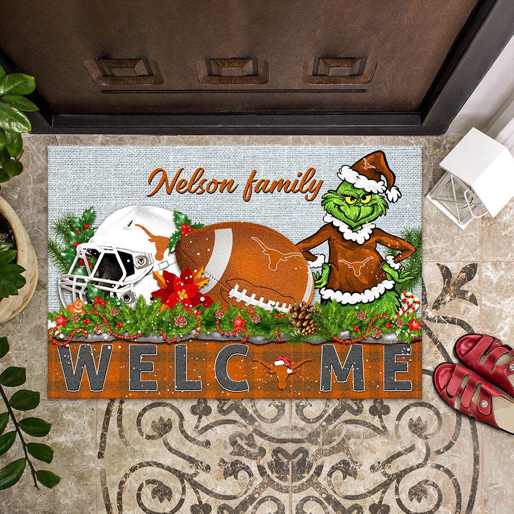 Texas Longhorns Football Team Doormat Personalized Your Family Name, Sport And Grinch Doormat, Football Lovers Gifts, Home Decorations ETHY-53152