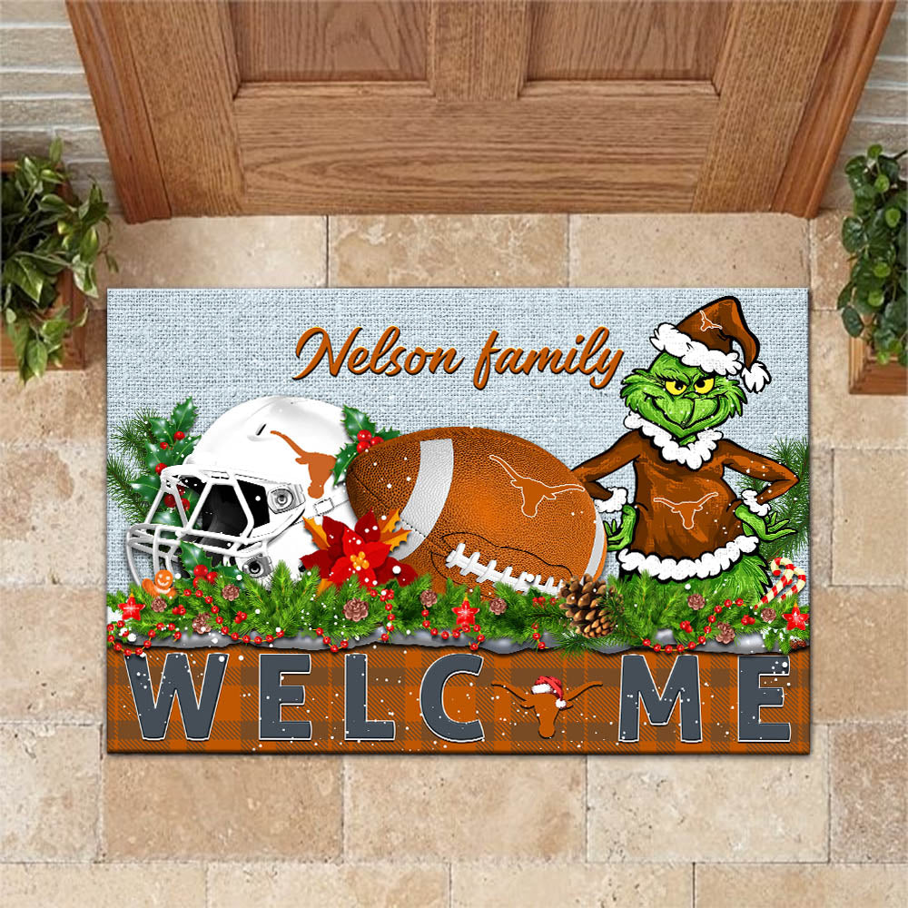 Texas Longhorns Football Team Doormat Personalized Your Family Name, Sport And Grinch Doormat, Football Lovers Gifts, Home Decorations ETHY-53152