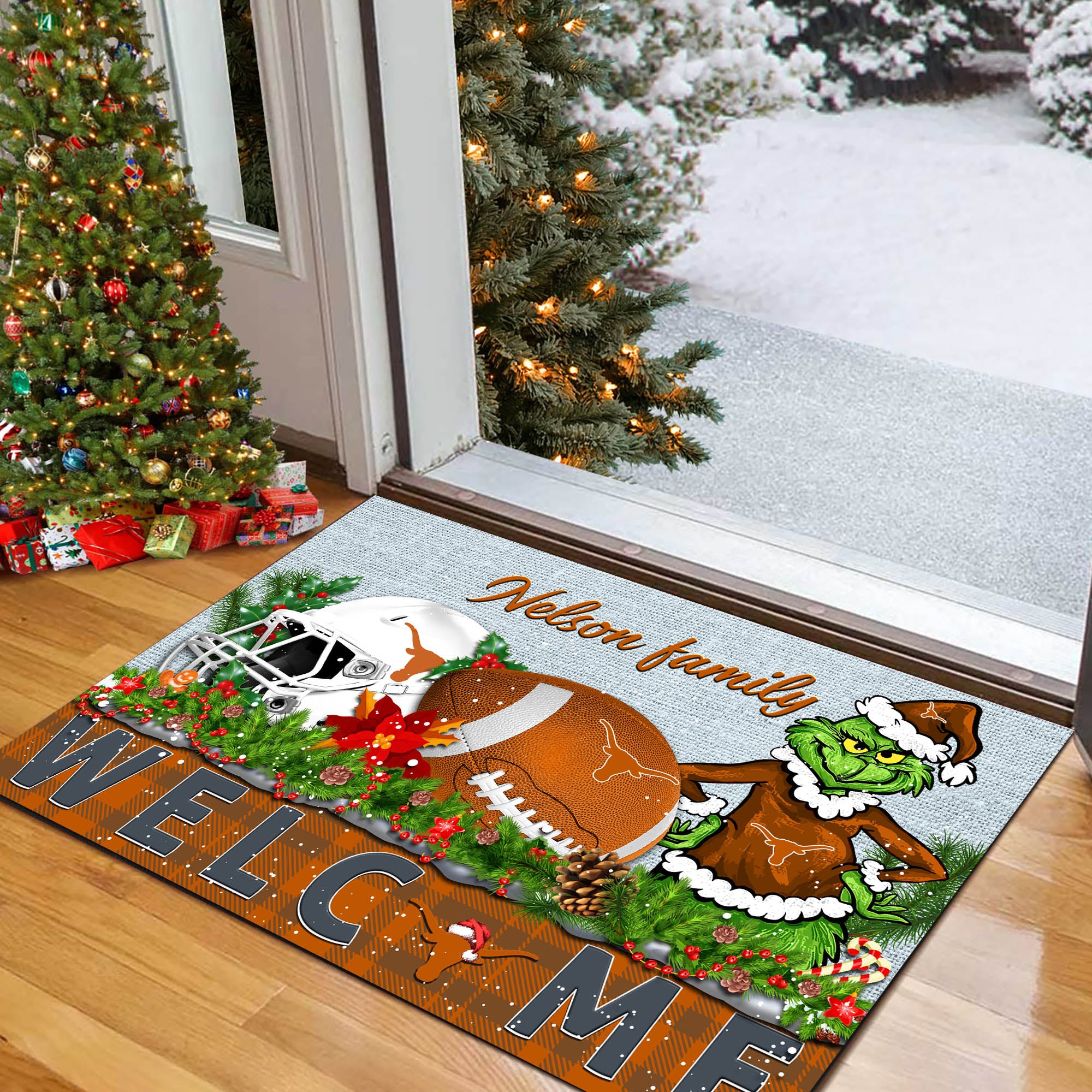Texas Longhorns Football Team Doormat Personalized Your Family Name, Sport And Grinch Doormat, Football Lovers Gifts, Home Decorations ETHY-53152