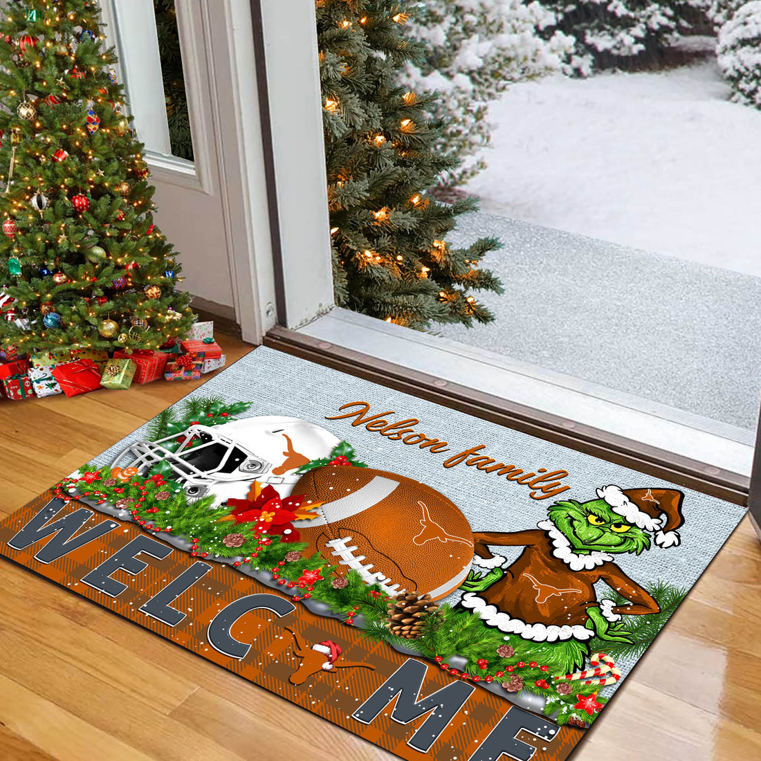 Texas Longhorns Football Team Doormat Personalized Your Family Name, Sport And Grinch Doormat, Football Lovers Gifts, Home Decorations ETHY-53152