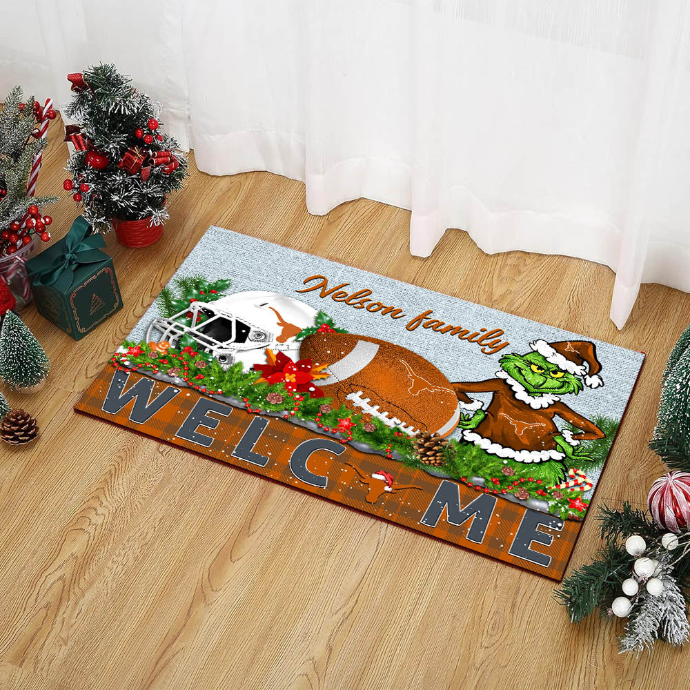Texas Longhorns Football Team Doormat Personalized Your Family Name, Sport And Grinch Doormat, Football Lovers Gifts, Home Decorations ETHY-53152