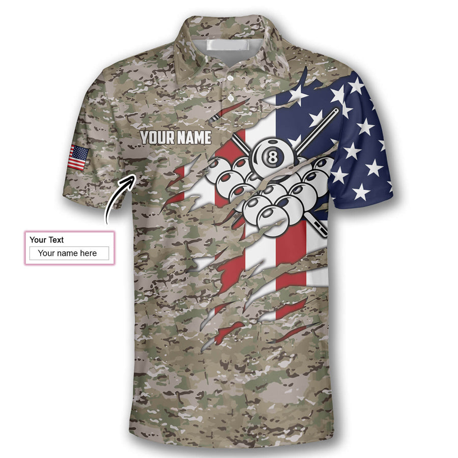 Billiard In My Heart Camouflage Flag Custom Billiard Shirts for Men, Custom Billiard ball for Team, Men's Billiard Polo Shirts