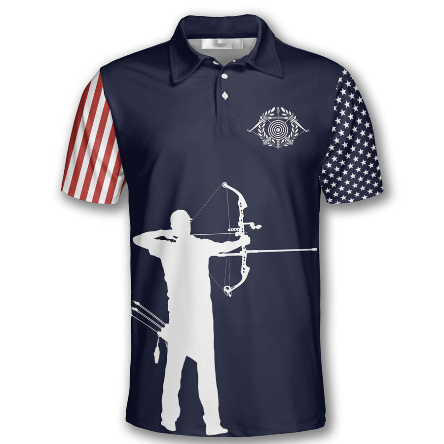 Archery Silhouette Flag Navy Blue Custom Archery Shirts for Men, Custom Archery Shirts for Team, Men's Archery Polo Shirts