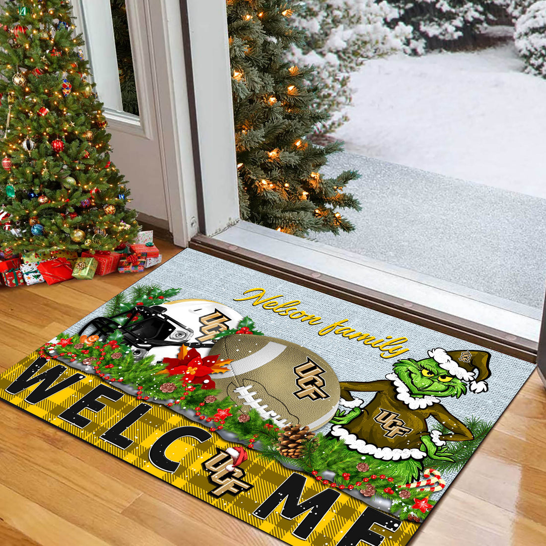 UCF Knights Football Team Doormat Personalized Your Family Name, Sport And Grinch Doormat, Football Lovers Gifts, Home Decorations ETHY-53152