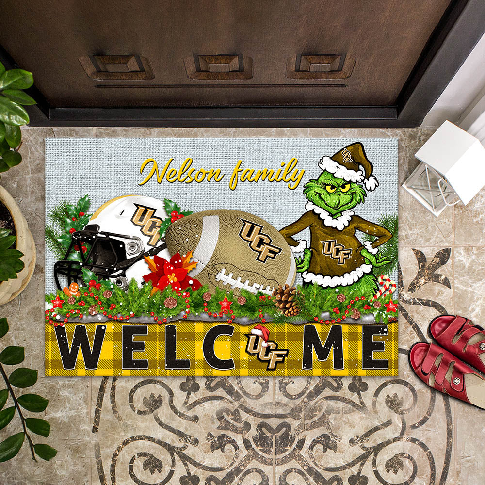 UCF Knights Football Team Doormat Personalized Your Family Name, Sport And Grinch Doormat, Football Lovers Gifts, Home Decorations ETHY-53152