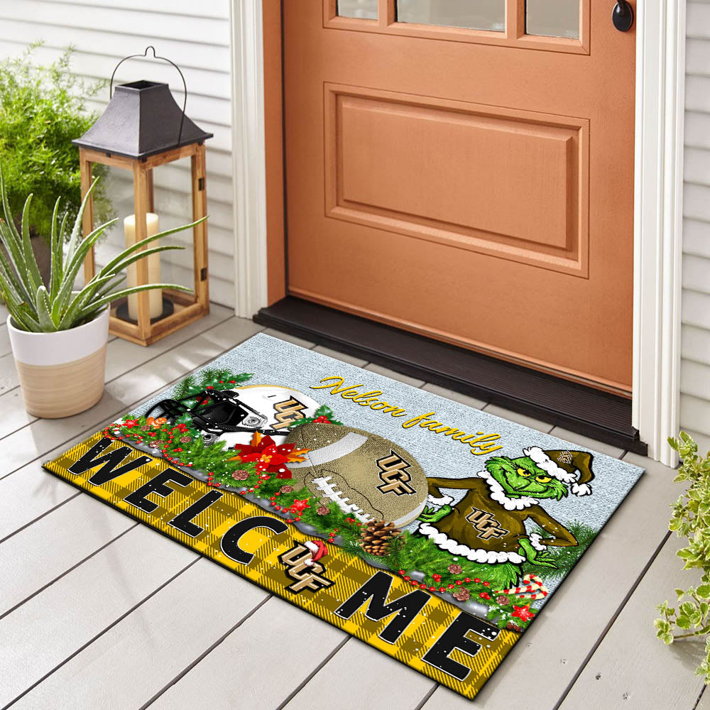 UCF Knights Football Team Doormat Personalized Your Family Name, Sport And Grinch Doormat, Football Lovers Gifts, Home Decorations ETHY-53152