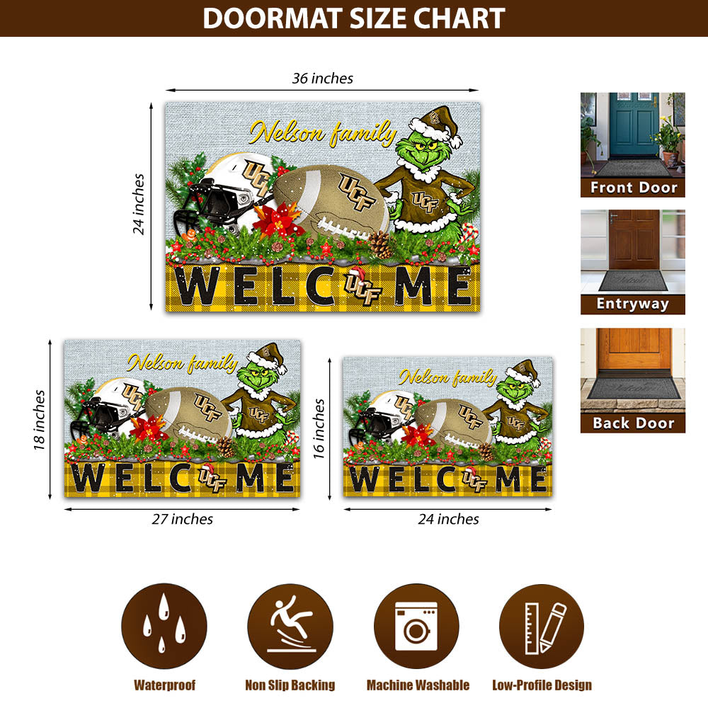 UCF Knights Football Team Doormat Personalized Your Family Name, Sport And Grinch Doormat, Football Lovers Gifts, Home Decorations ETHY-53152