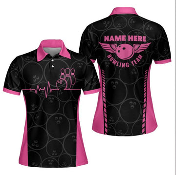 Funny Heartbeat Pulse Line Pink Bowling Shirts for Women, Short Sleeve Women Polo Shirt For Ladies