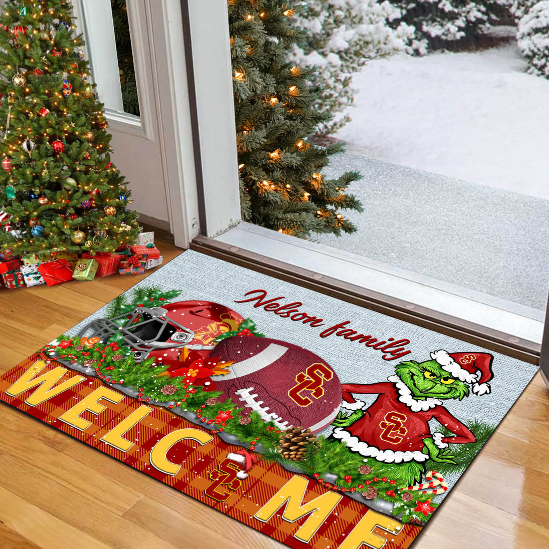 USC Trojans Football Team Doormat Personalized Your Family Name, Sport And Grinch Doormat, Football Lovers Gifts, Home Decorations ETHY-53152