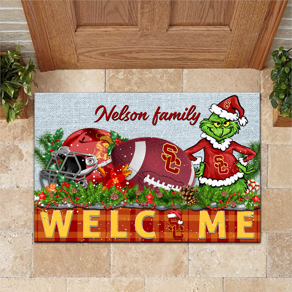 USC Trojans Football Team Doormat Personalized Your Family Name, Sport And Grinch Doormat, Football Lovers Gifts, Home Decorations ETHY-53152