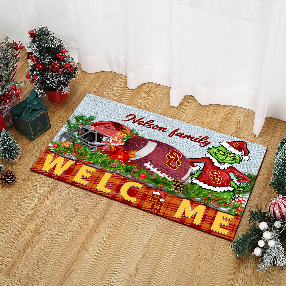 USC Trojans Football Team Doormat Personalized Your Family Name, Sport And Grinch Doormat, Football Lovers Gifts, Home Decorations ETHY-53152