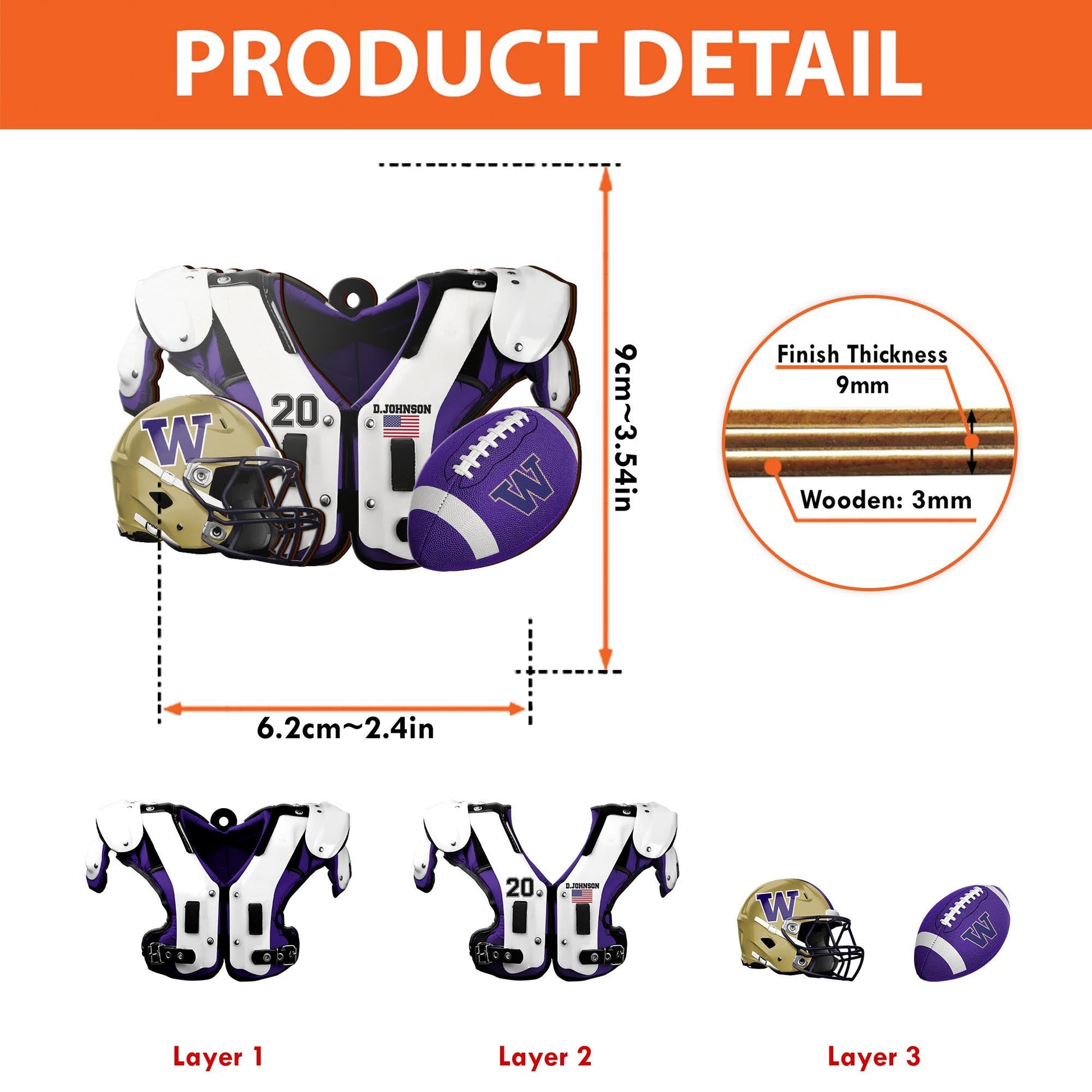 Washington Huskies 3 Layered Piece Wooden Ornament Custom Your Name And Number, Sport Ornament, Fan Gifts, Hanging Decorations ETRG-51982