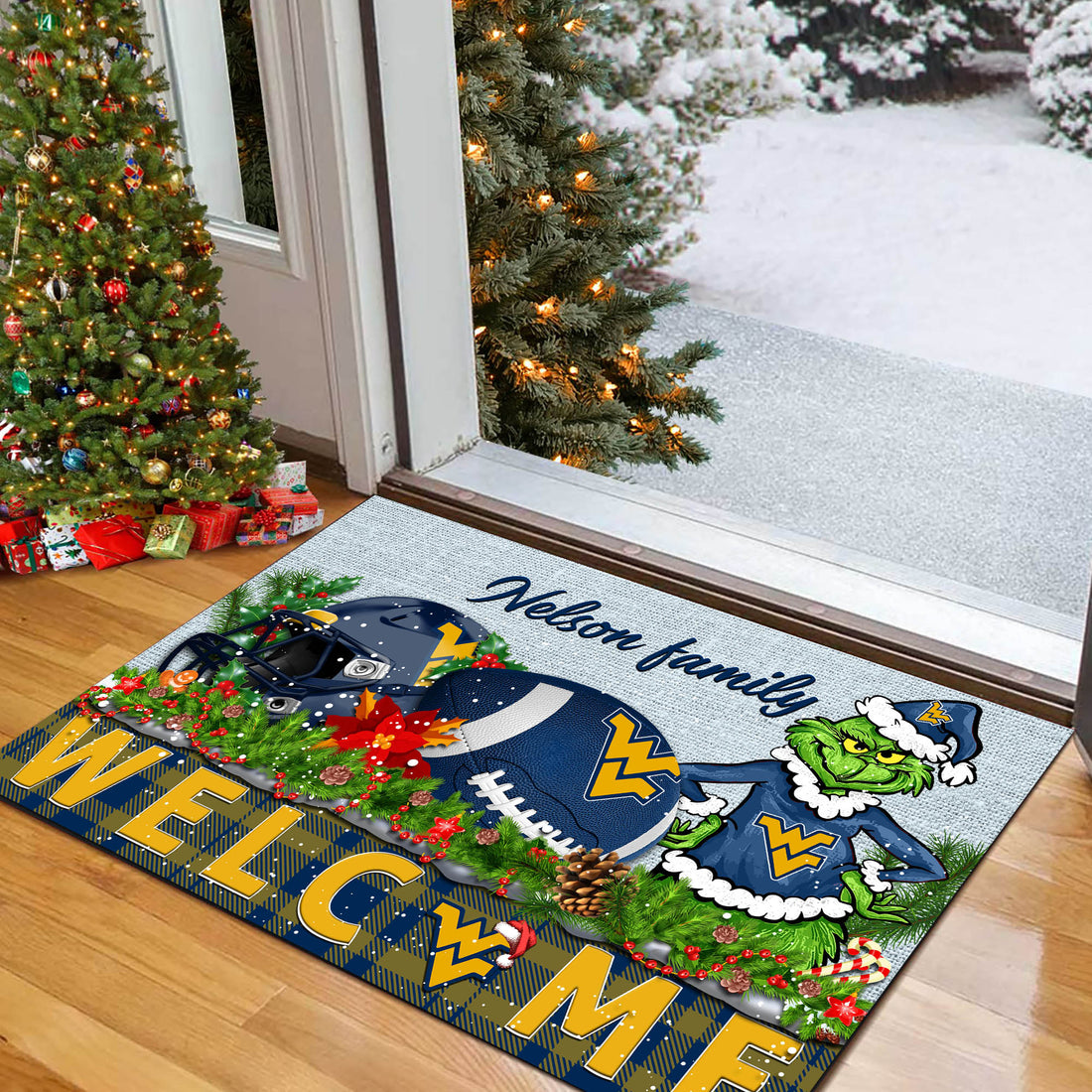 West Virginia Mountaineers Football Team Doormat Personalized Your Family Name, Sport And Grinch Doormat, Football Lovers Gifts, Home Decorations ETHY-53152
