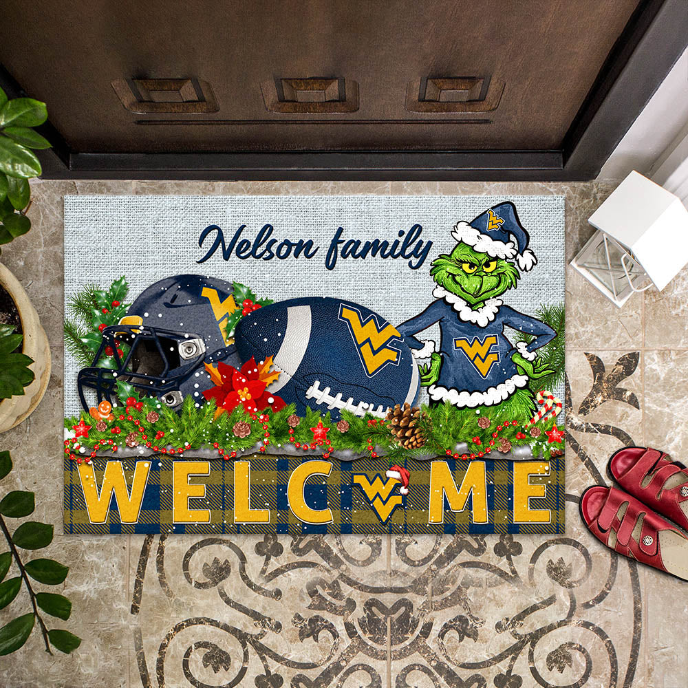 West Virginia Mountaineers Football Team Doormat Personalized Your Family Name, Sport And Grinch Doormat, Football Lovers Gifts, Home Decorations ETHY-53152
