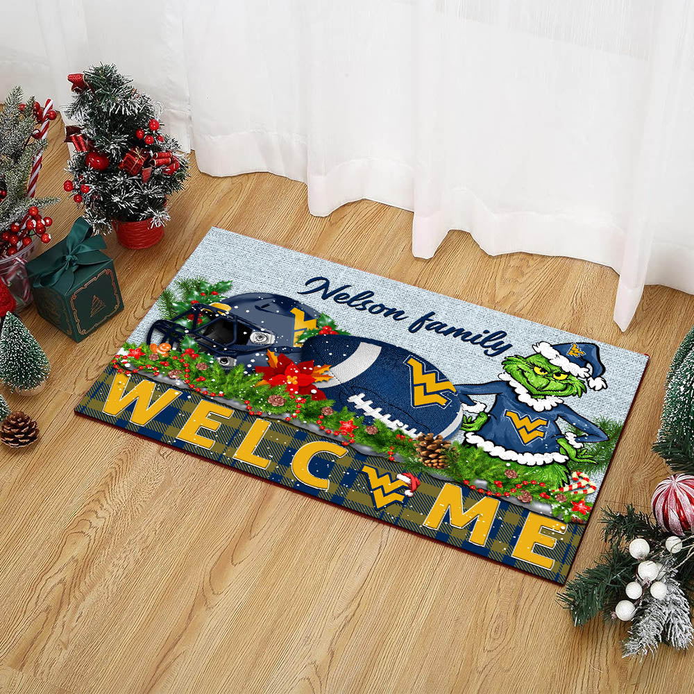 West Virginia Mountaineers Football Team Doormat Personalized Your Family Name, Sport And Grinch Doormat, Football Lovers Gifts, Home Decorations ETHY-53152