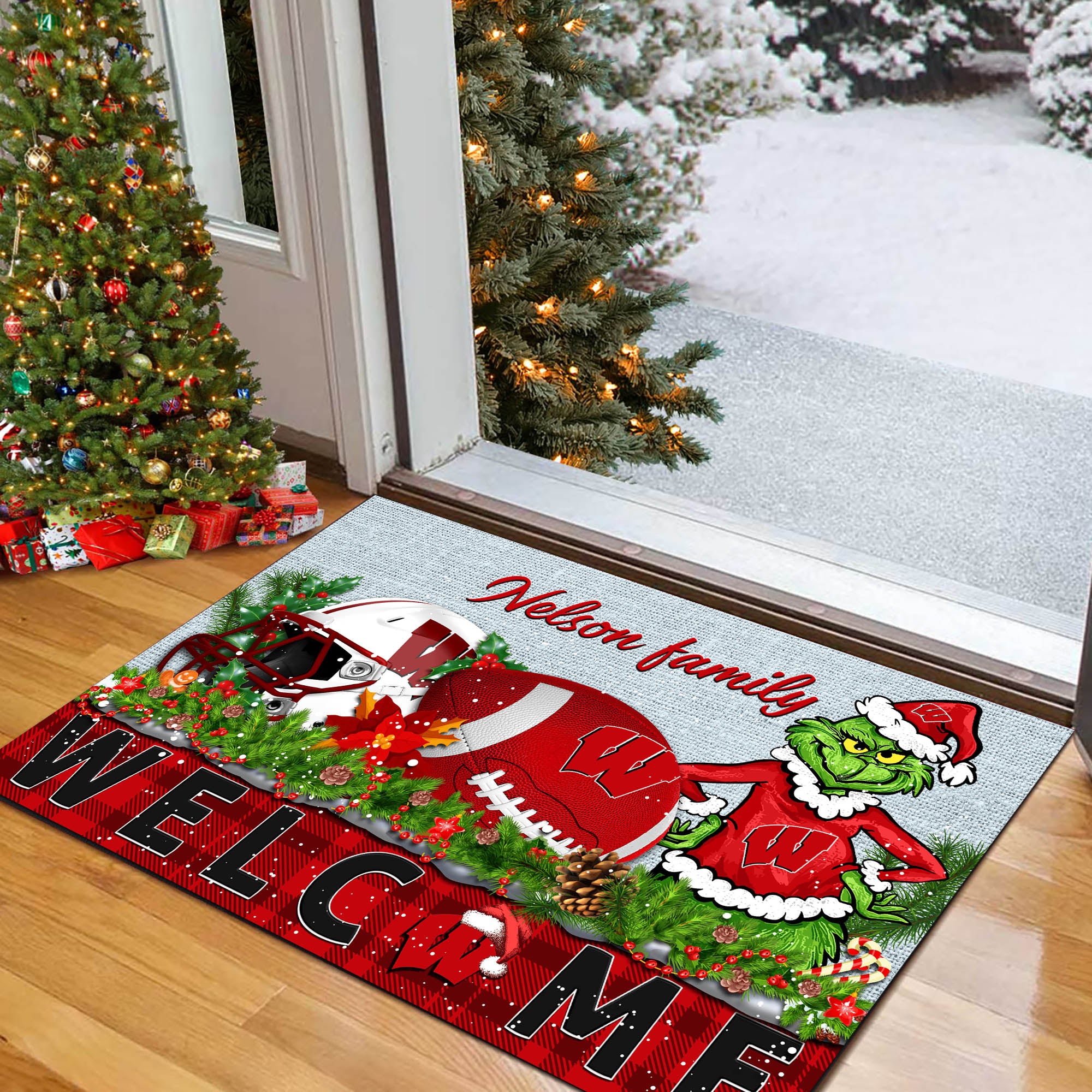 Wisconsin Badgers Football Team Doormat Personalized Your Family Name, Sport And Grinch Doormat, Football Lovers Gifts, Home Decorations ETHY-53152
