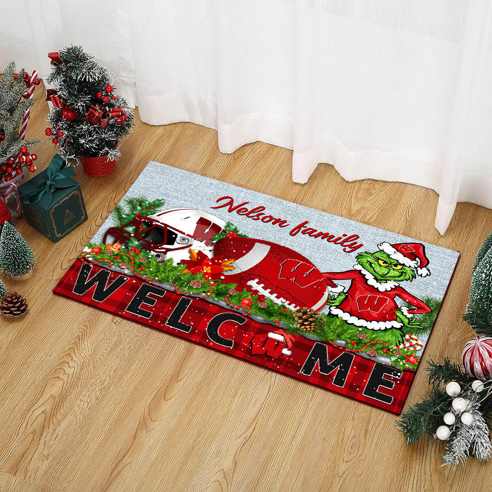 Wisconsin Badgers Football Team Doormat Personalized Your Family Name, Sport And Grinch Doormat, Football Lovers Gifts, Home Decorations ETHY-53152