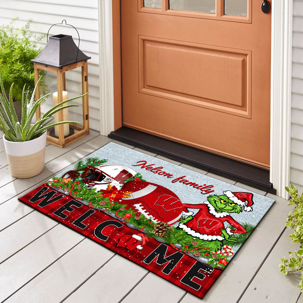 Wisconsin Badgers Football Team Doormat Personalized Your Family Name, Sport And Grinch Doormat, Football Lovers Gifts, Home Decorations ETHY-53152