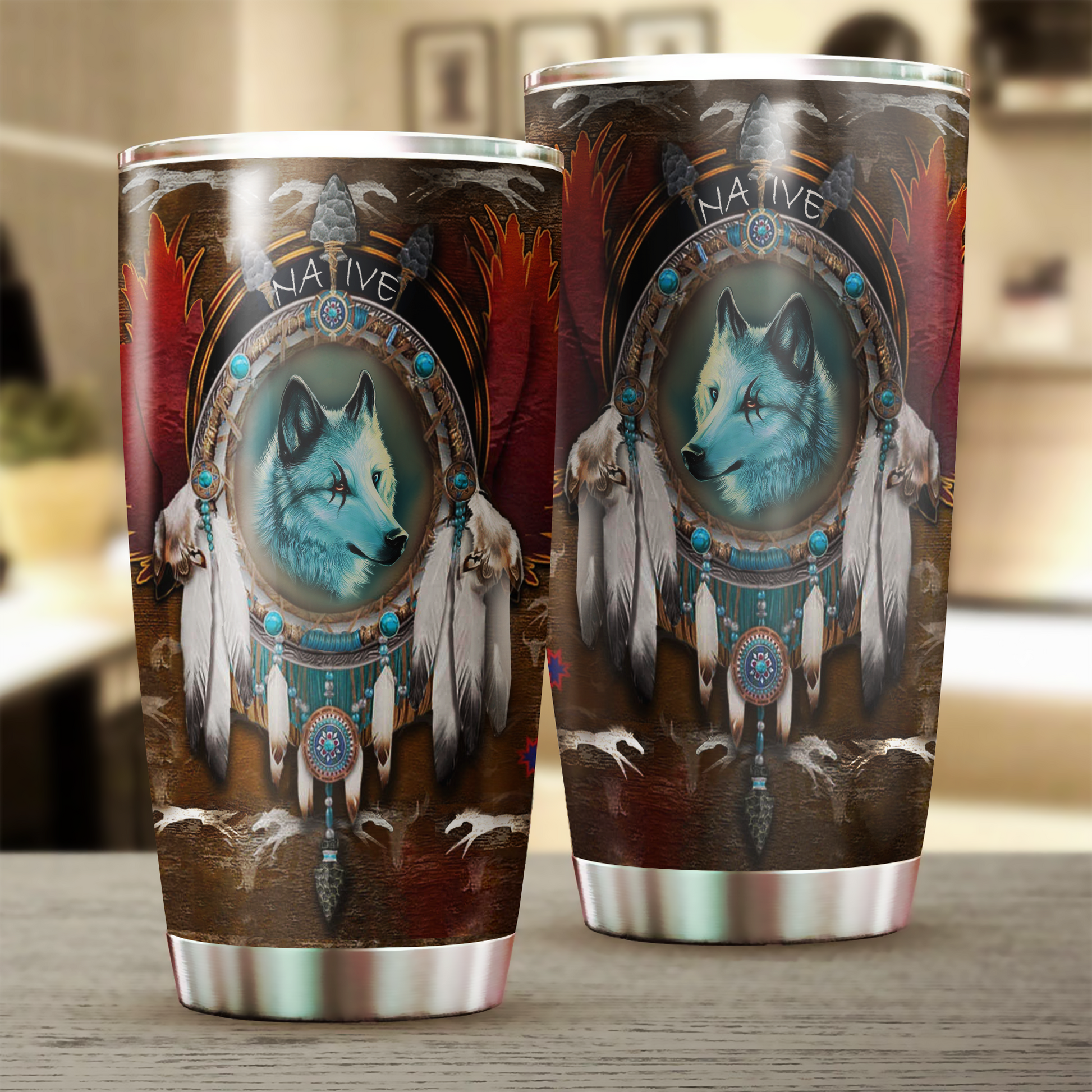 Wolf Tumbler, Gift for Wolf Lovers, Gift for Native Americans 20 OZ car mug cup